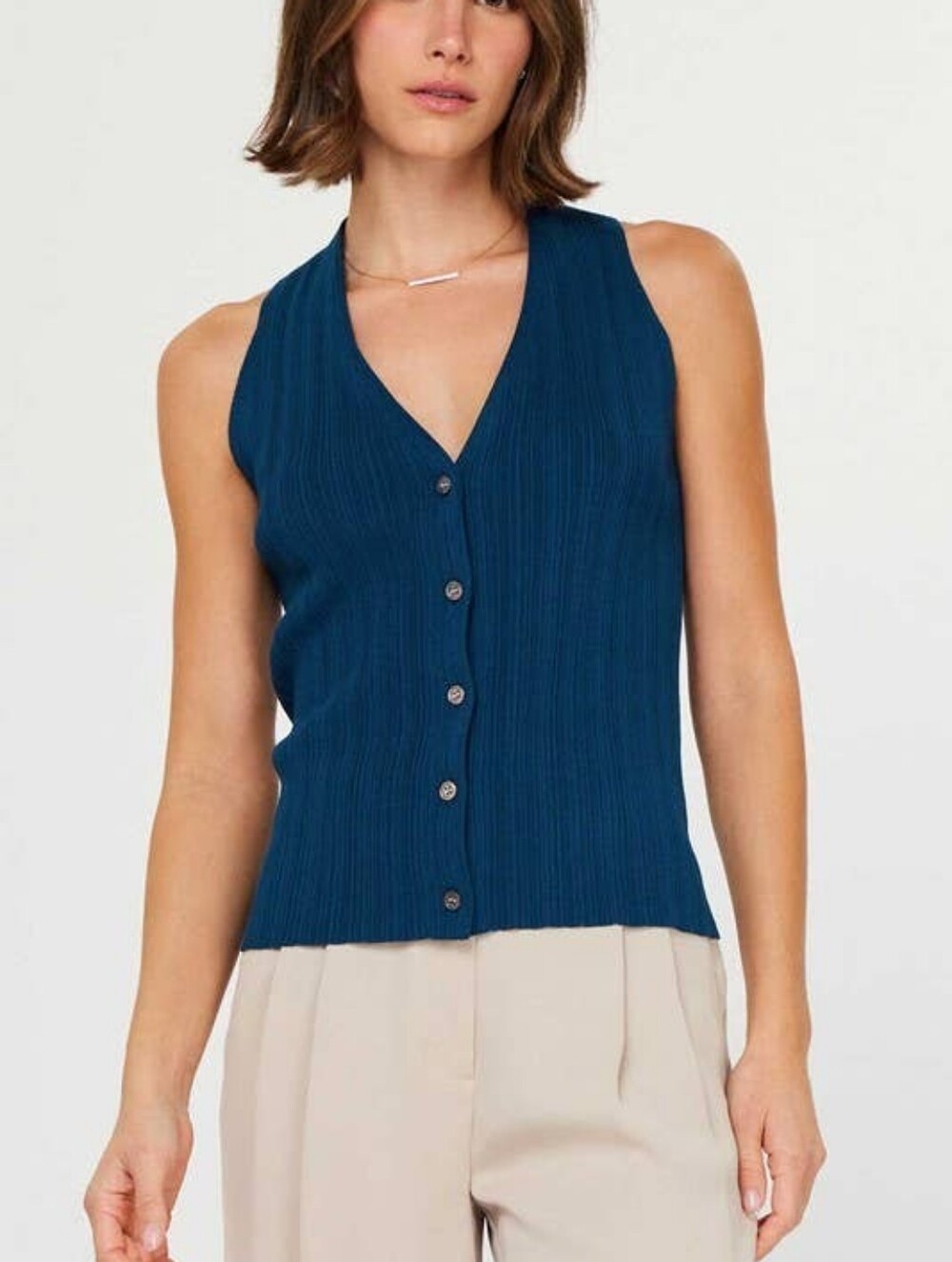 Current Air Ribbed V-Neck Button-Front Top in Deep Teal